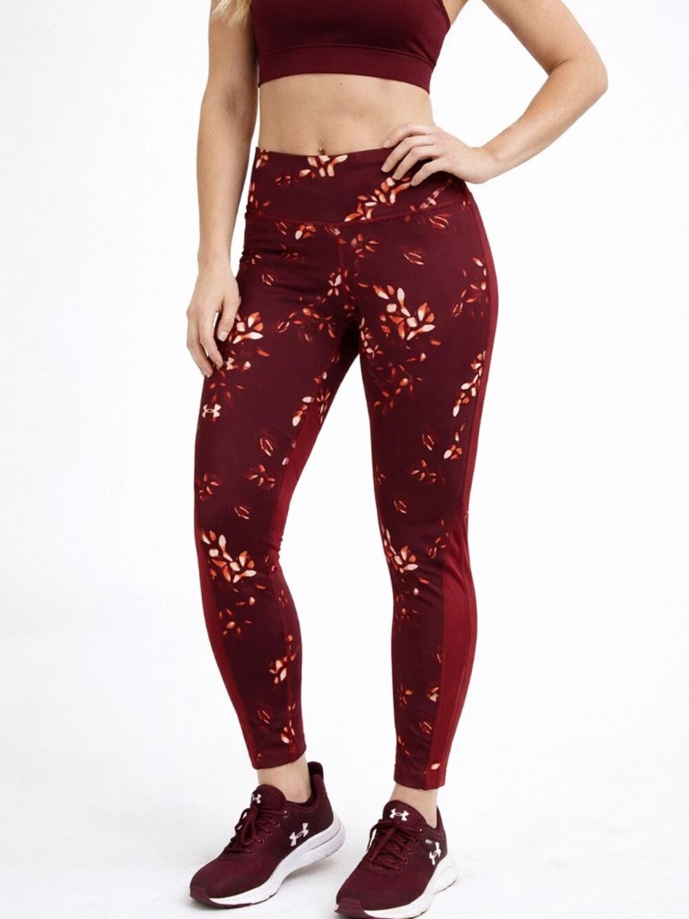 Under Armour Compression Leggings Womens Burgundy Floral Print